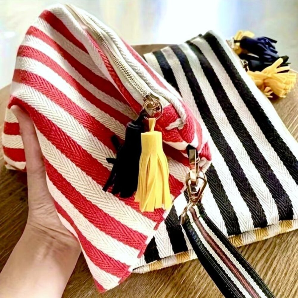 Spacious Red Beige Striped Canvas Clutch Wristlet Bag w/ Decorative Tassels New